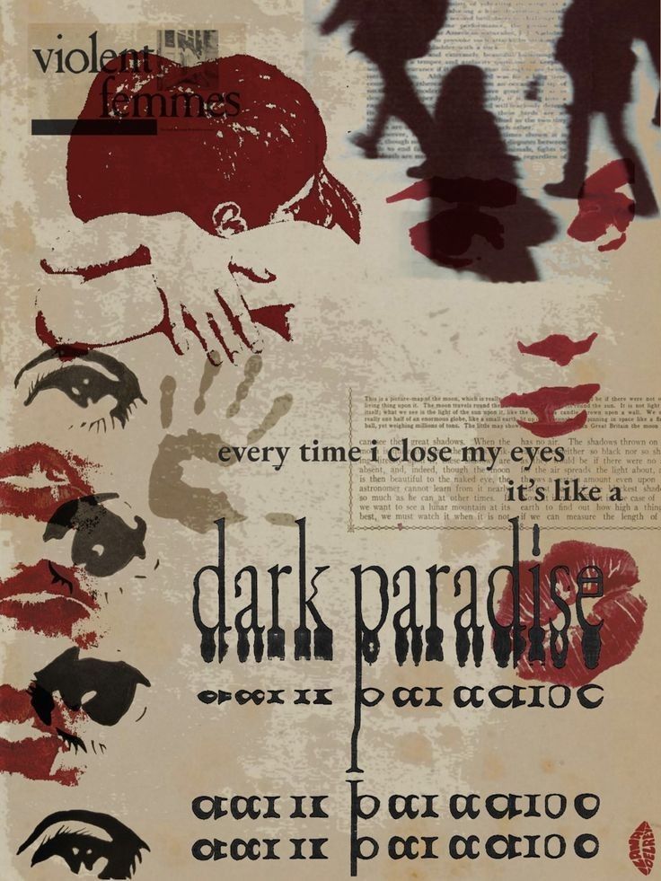 an advertisement for the dark paradise theatre, with red lipstick on it and people silhouettes