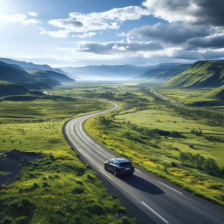 Car rides on a highway road in nature with mountains and forests in summer on journey. Landscape with a view from above royalty free stock photograp Nature, Drone Car Photography, Cars Landscape, Highway Landscape, Car Landscape, Car On Road, Car On The Road, Nature Road, Road Landscape