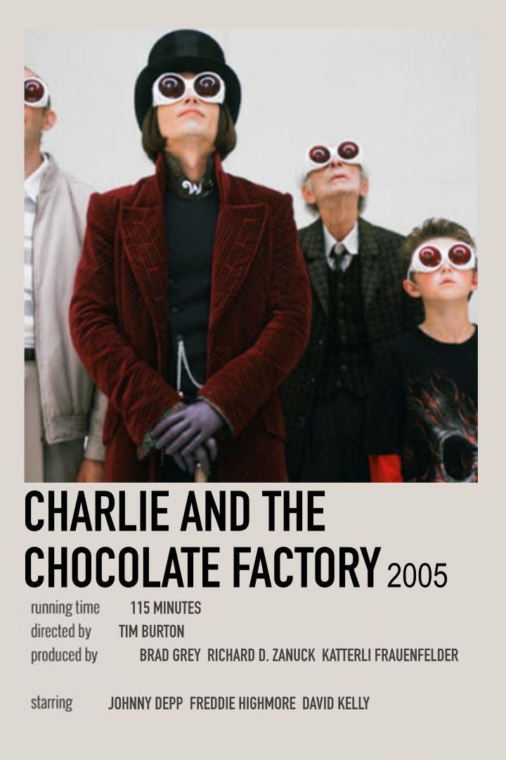 the poster for charlie and the chocolate factory, featuring three men wearing sunglasses with their faces covered in fake glasses