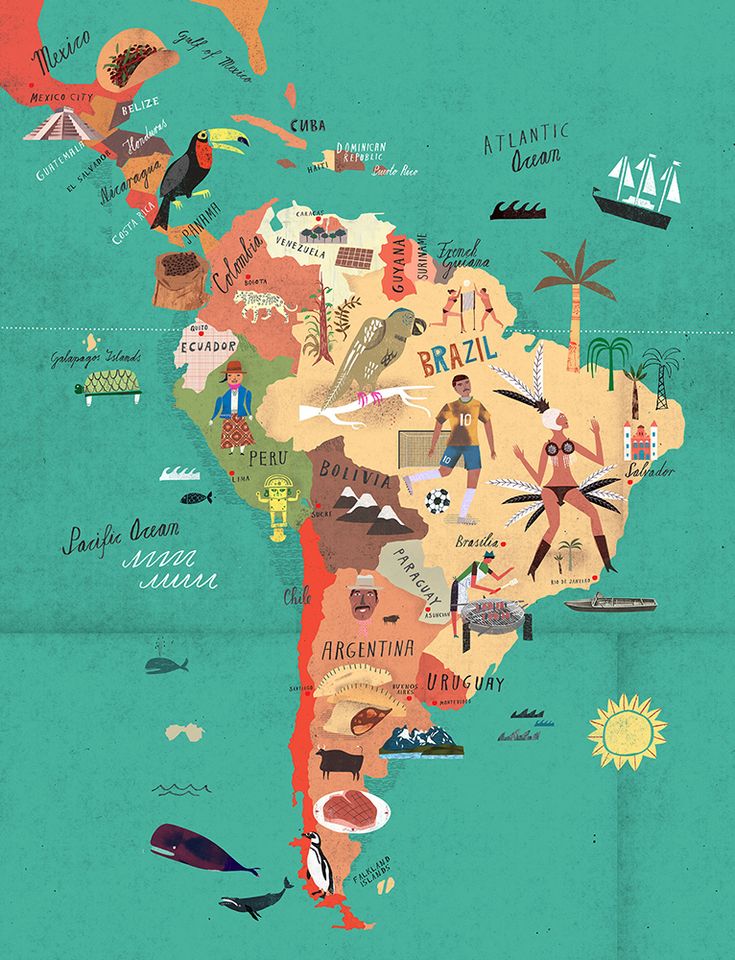 an illustrated map of south america with all the main cities and their major attractions on it