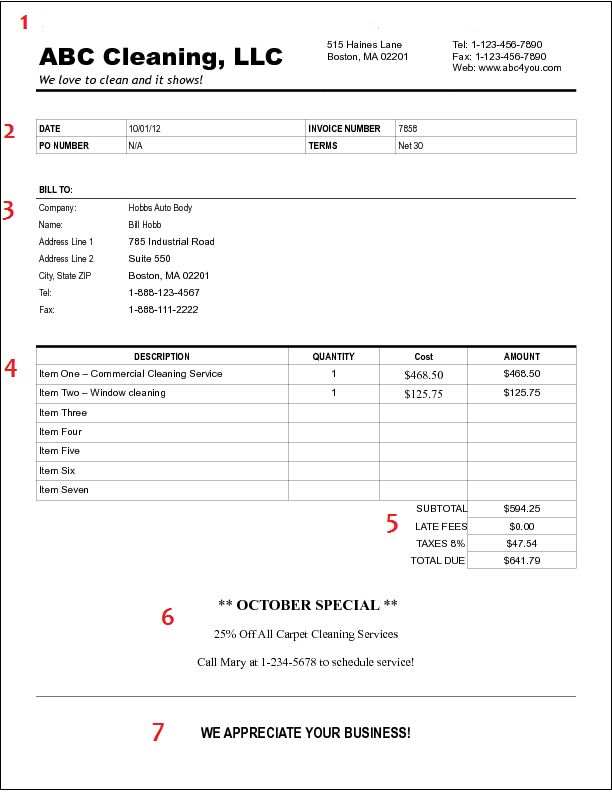 an invoice form is shown with the words abc cleaning, l c on it