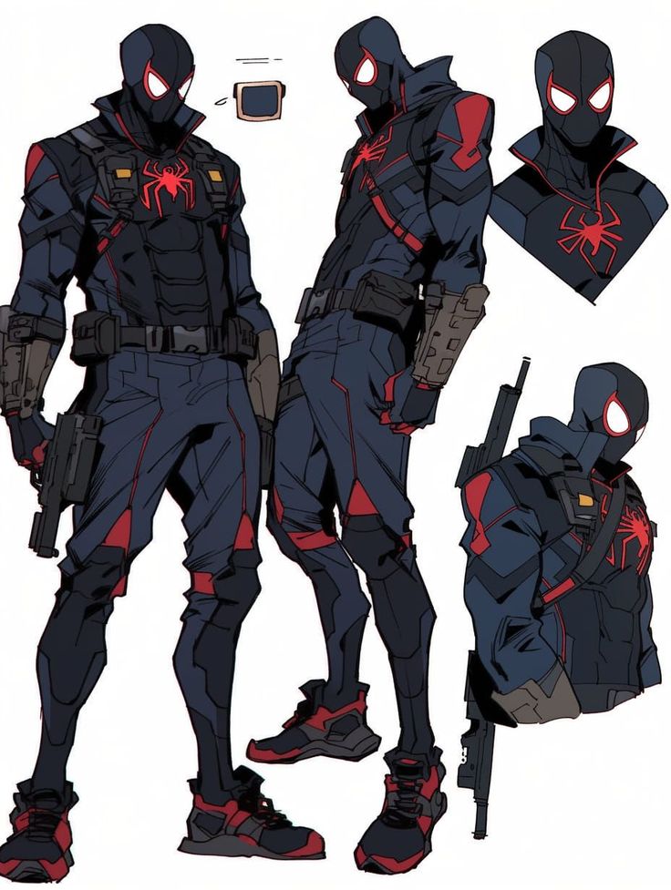 the concept art for spider - man into the spider - verse is shown in black and red