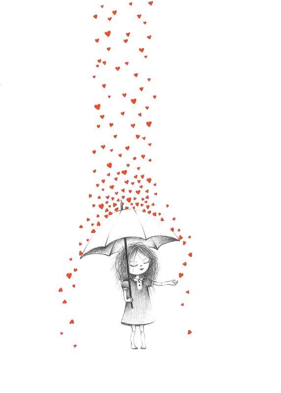 a drawing of a girl holding an umbrella with hearts falling from the sky above her