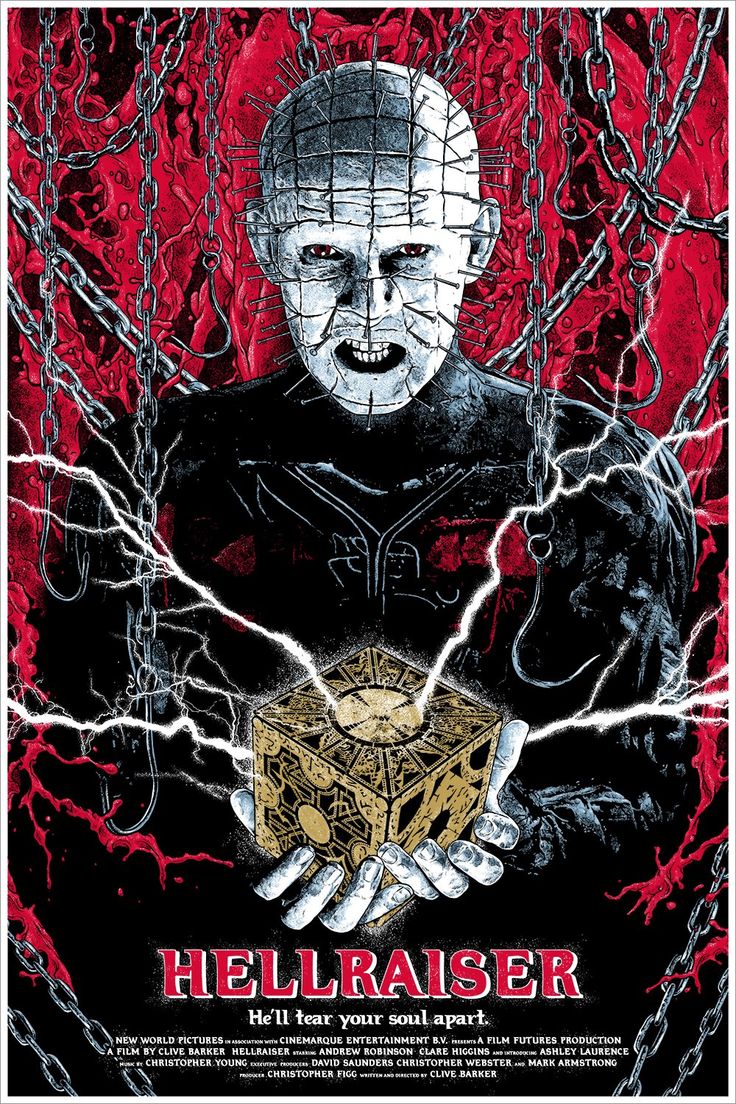 the poster for hellraiser, which features a creepy man holding a box in his hands