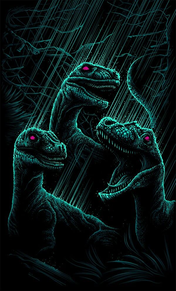 two dinosaurs in the rain with red eyes and one is staring at something behind them