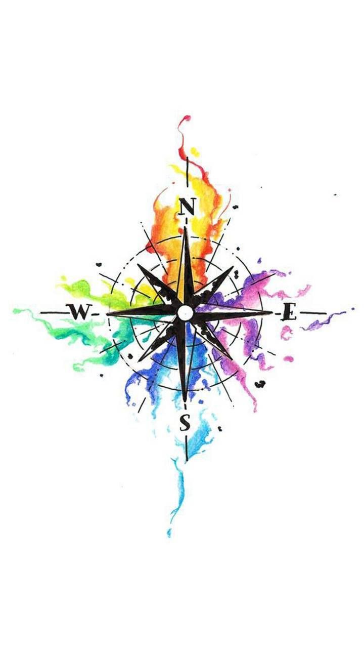 a watercolor drawing of a compass with colorful paint splatters on the side