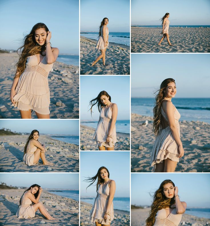 a woman posing on the beach in different poses