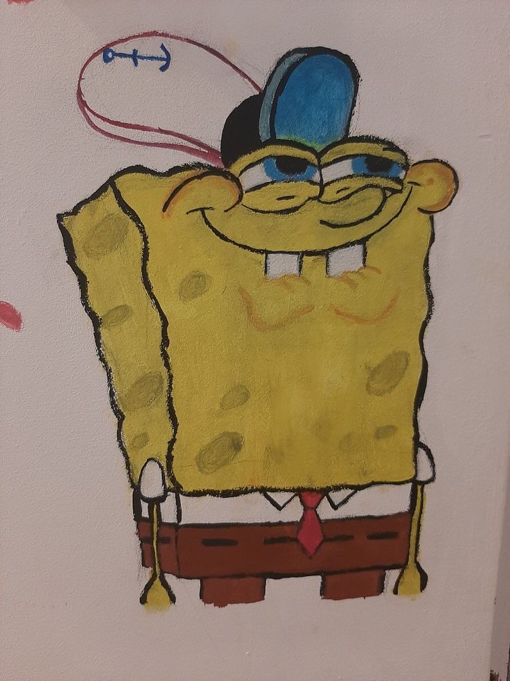 a drawing of a spongebob wearing a hat and glasses, with one hand on his hip