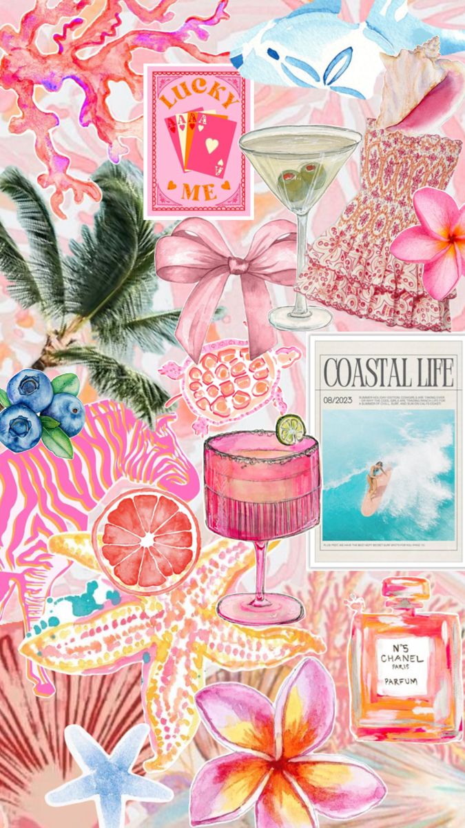 a collage of pink and blue items with flowers, palm trees and other things