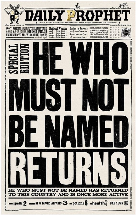 a newspaper with the words he who must not be named returns in black and white