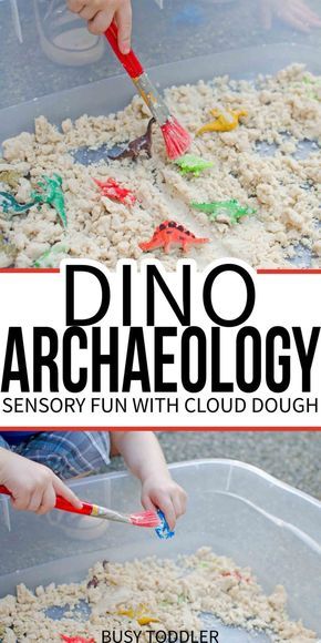 two children are playing with food in a plastic container and the title reads dino archaeoloy