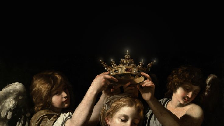 three angels with crowns on their heads are looking at something in the dark while one is holding an object above his head