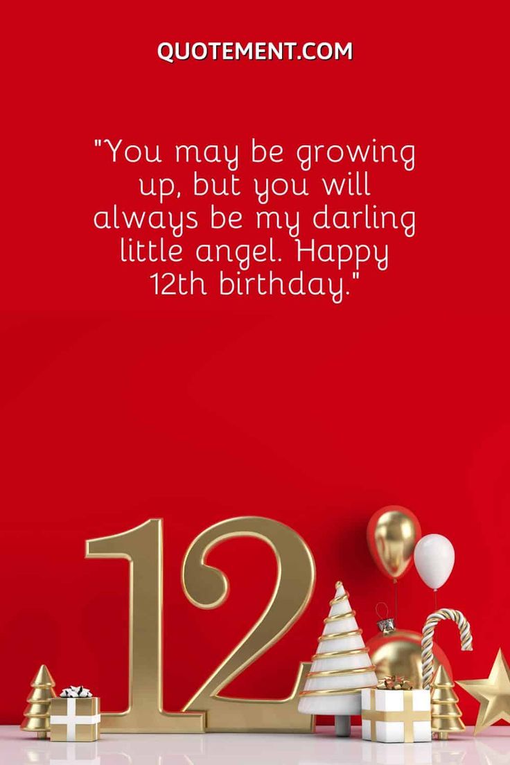 a red and white birthday card with the number twelve on it, surrounded by presents