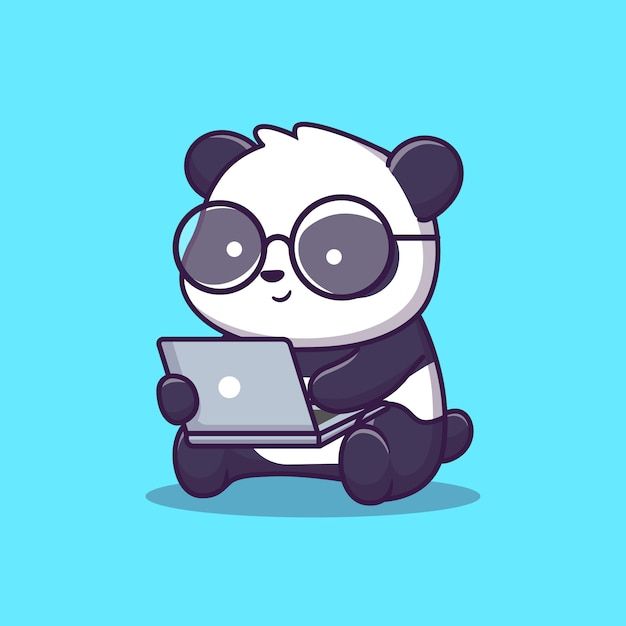 a panda bear sitting on the ground with a laptop computer in its paws and wearing glasses