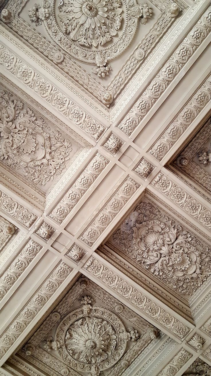 an ornate ceiling with white paint and decorative designs on the ceiling is shown in this image