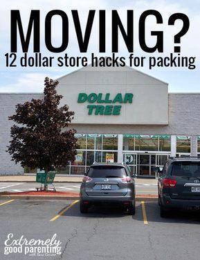 two cars parked in front of a store with the words moving? dollar tree on it