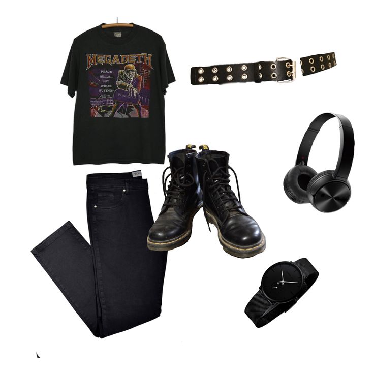 Fashion inspo w/ megadeth tshirt.. metalhead 🤞 Male Punk Rock Outfits, Casual Metalhead Outfit Men, Metalhead Men Outfit, Metalhead Style Men, Band T Shirt Outfit Men, Metalhead Shoes, Metal Outfits Male, Metalhead Outfit Ideas, Metalcore Fashion