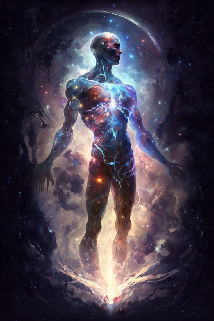 a man standing in the middle of a space filled with stars and lightenings