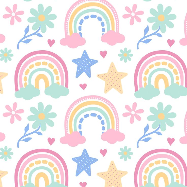 a pattern with rainbows, stars and flowers on a white background in pastel colors