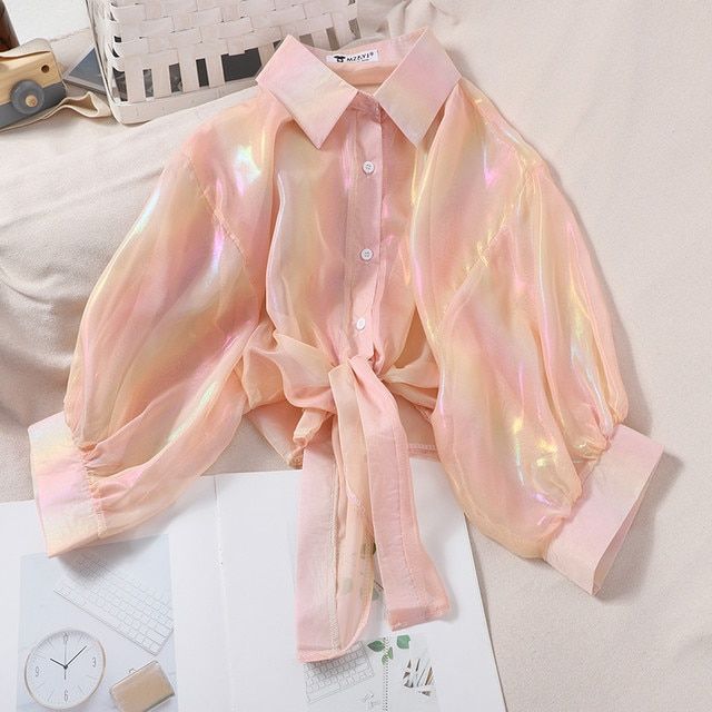 HELIAR Spring Women Shining Sparkles Blouse Shirt With Buttons Half Sleeve Chiffon Shirts Transparent Sexy Blouses For Women _ - AliExpress Mobile Sparkle Blouse, Women Half Sleeve, Satin Shirts, Chiffon Shirts, Ladies Chiffon Shirts, Chiffon Shirt Blouse, Half Shirts, Oversized Blouse, Spring Women