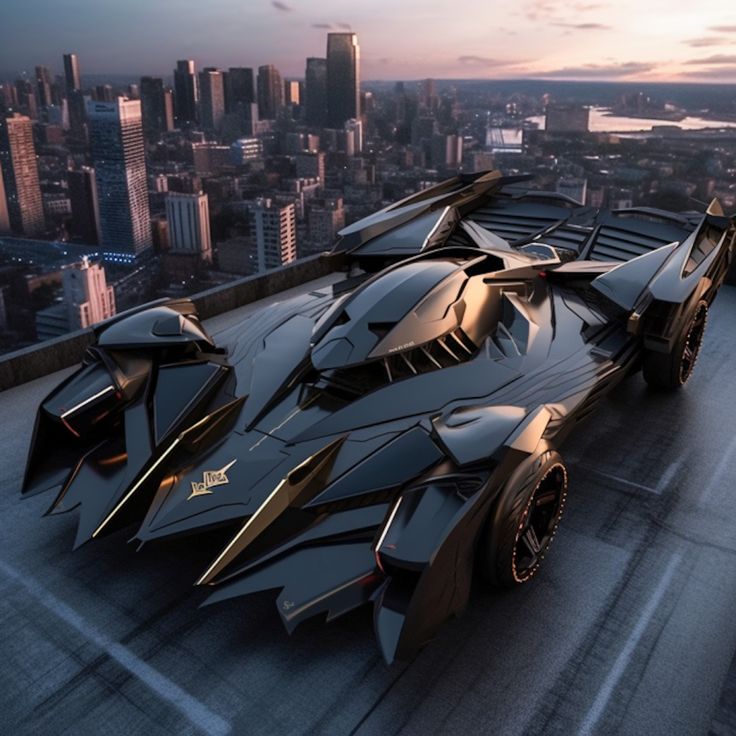 a batmobile is shown in front of a cityscape with skyscrapers behind it