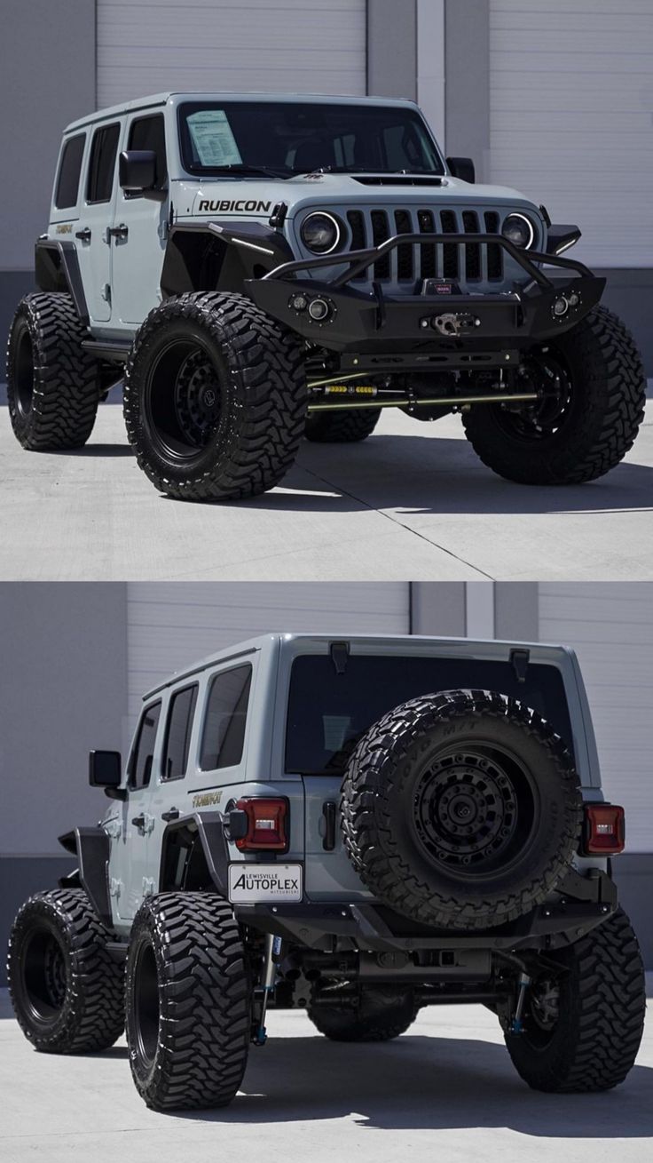 the front and rear views of a white jeep with large tires on it's wheels