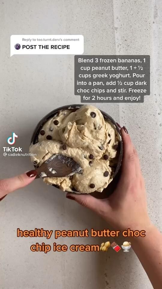 a person holding a bowl of food with chocolate chip ice cream in it and the caption reads, healthy peanut butter choo chip ice cream