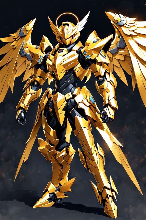 a golden robot with large wings standing in the dark