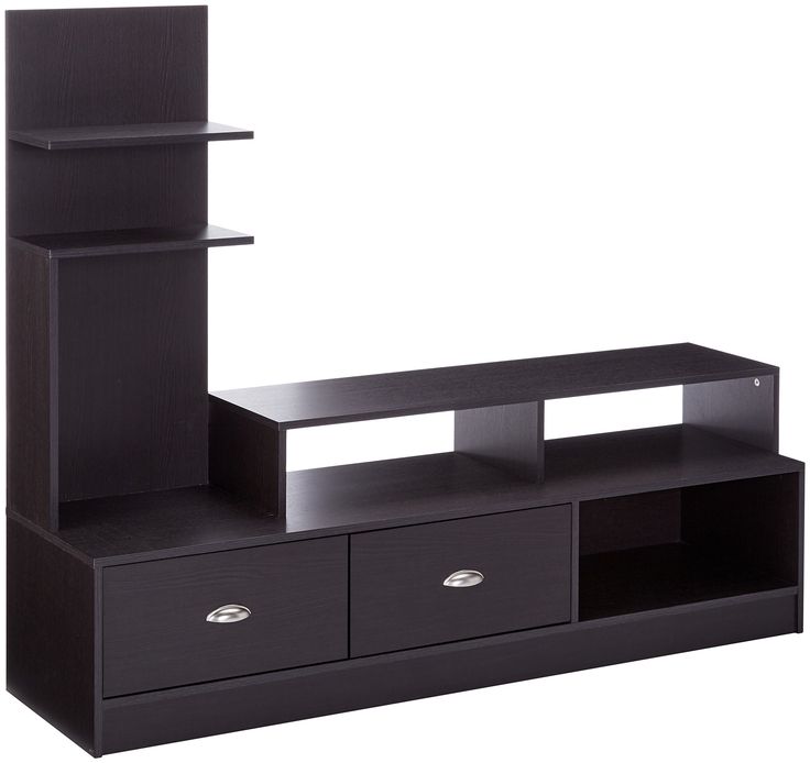 a black entertainment center with drawers and shelves