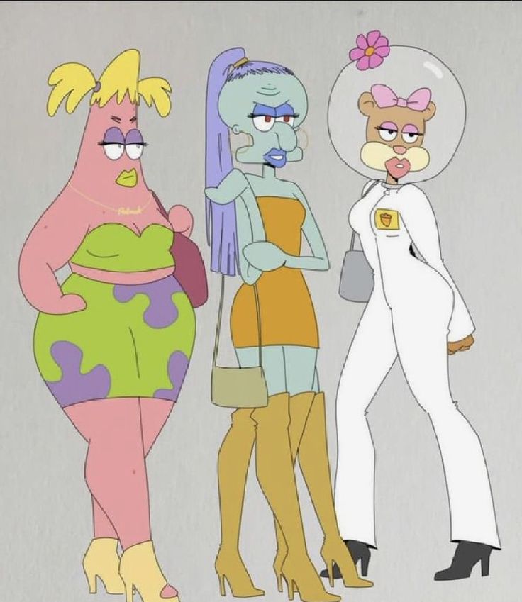 three cartoon characters standing next to each other
