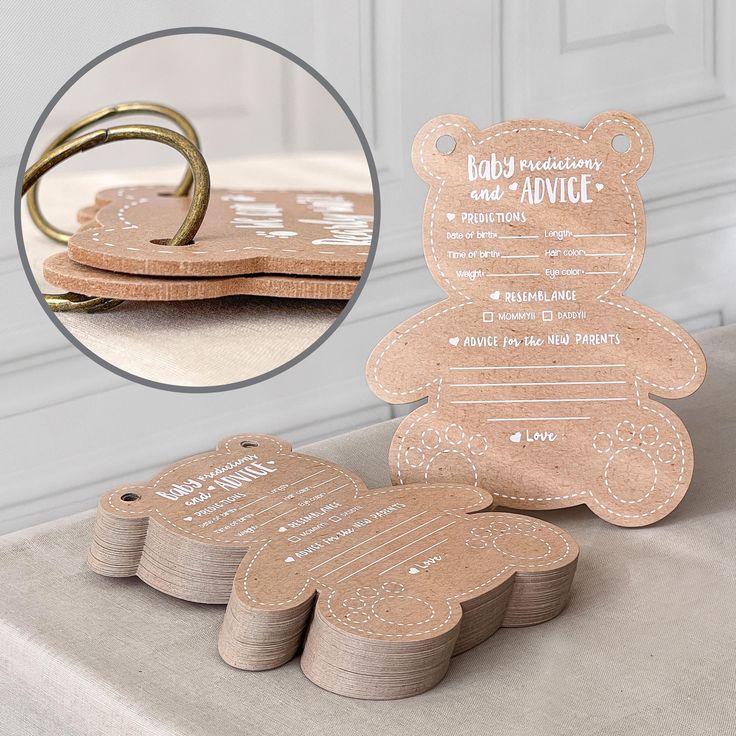 a teddy bear shaped wedding card and coasters