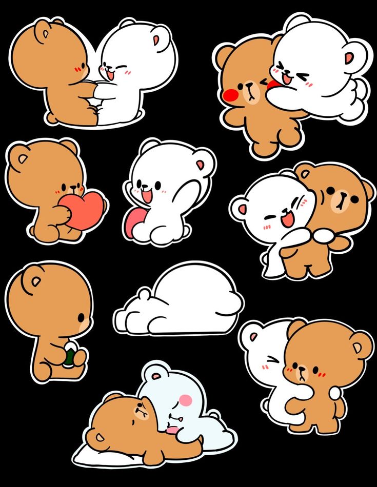 various stickers with different animals in the shape of hearts and bears on black background