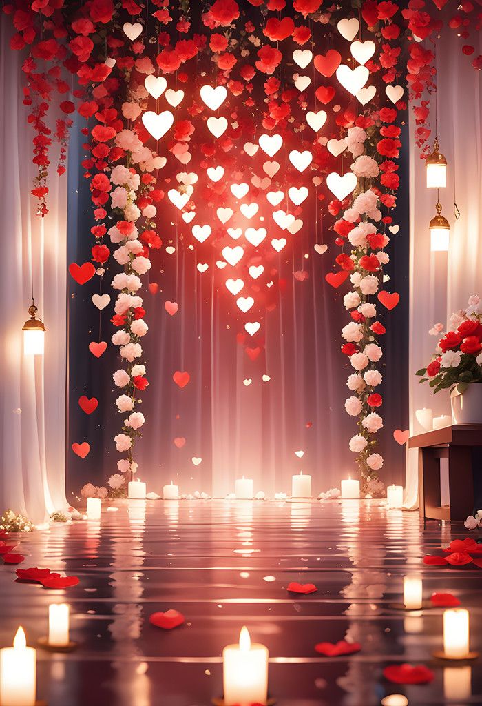 a room filled with lots of red and white hearts hanging from the ceiling next to candles
