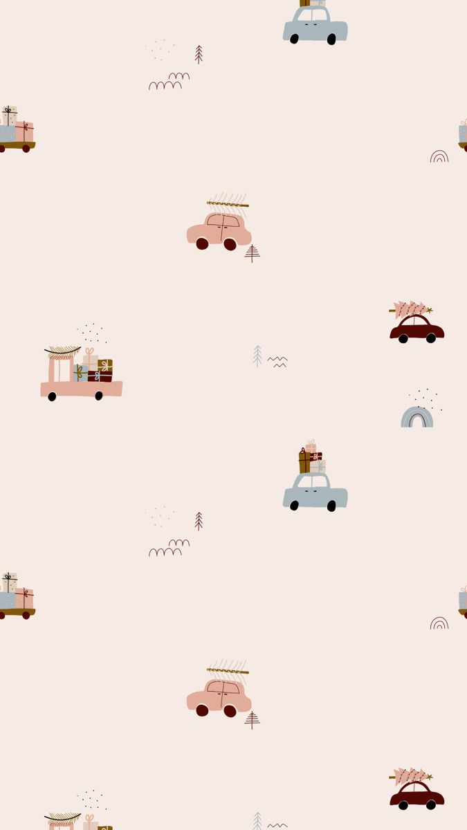 a pink wallpaper with cars, trucks and people in the distance on it's side
