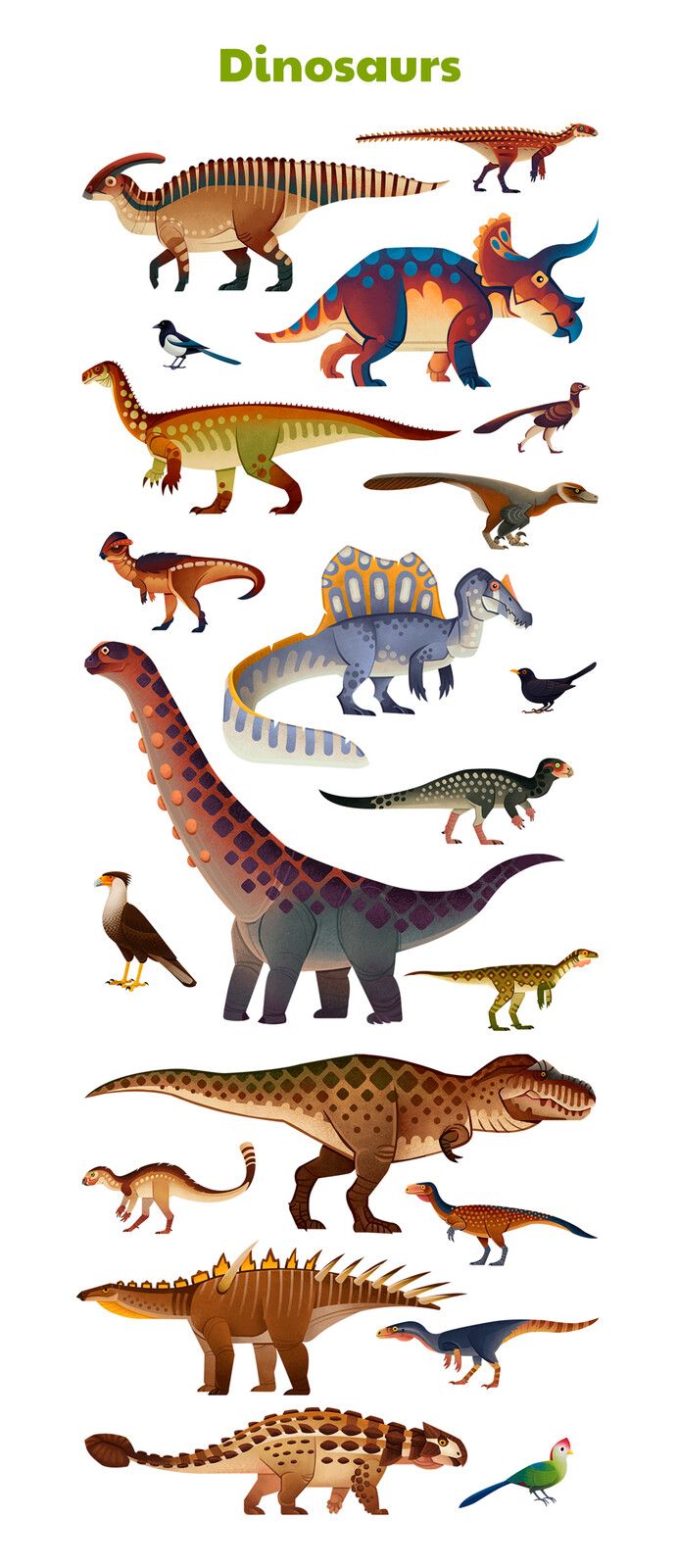 an image of dinosaurs that are all different colors and sizes, with the words dinosaurs on
