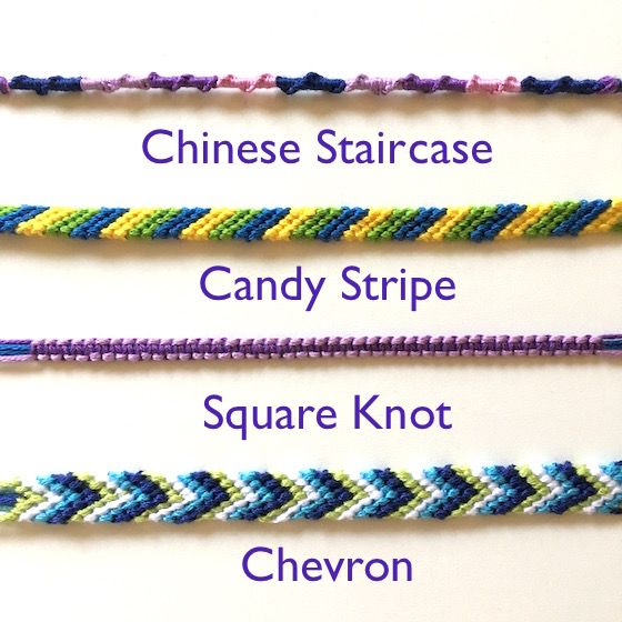 four different types of bracelets with the names of each bead stranded together