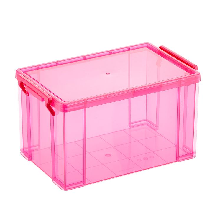 a pink plastic storage box with red handles