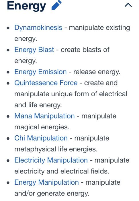 the energy list is displayed in this screenshote, which shows how many different types of