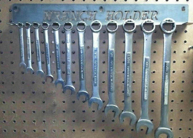 there are many wrenches hanging on the wall