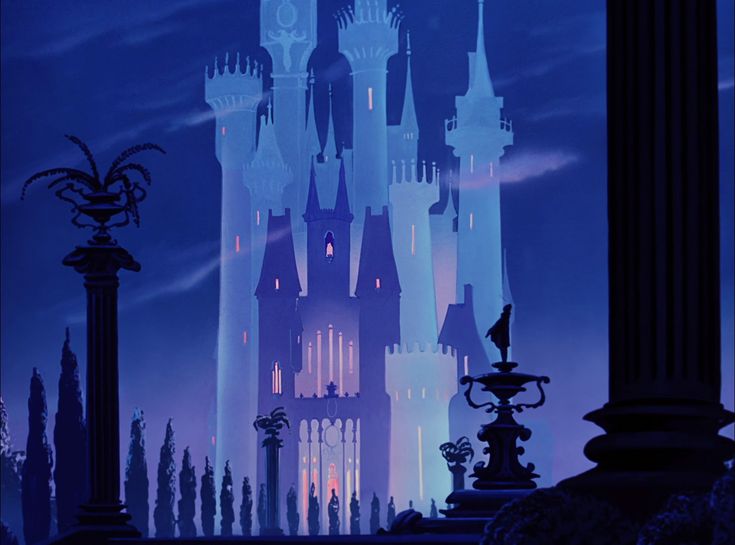 an image of a castle in the sky with lights on it's spires