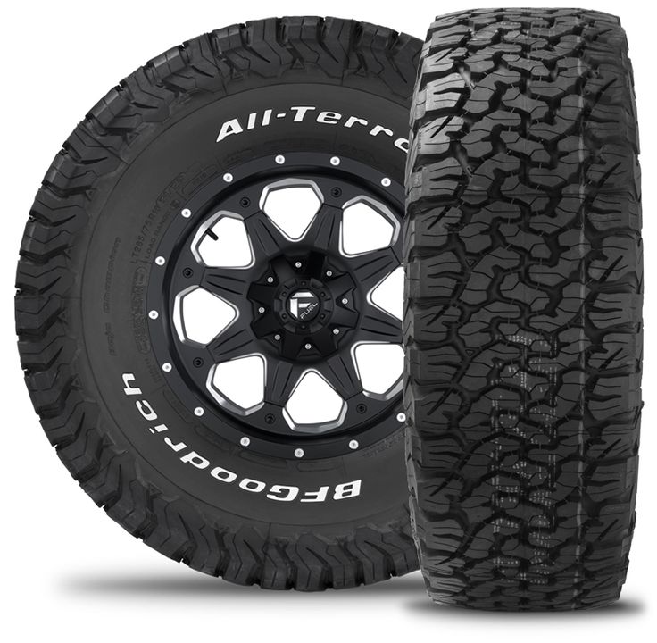 an all terrain tire and wheel on a white background