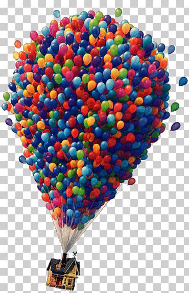 a bunch of balloons flying in the air with house on it's back ground