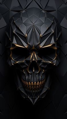 a black and gold skull is shown in the middle of an image with geometric shapes