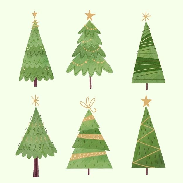 green christmas trees with gold stars and bows on them, all in different shapes and sizes