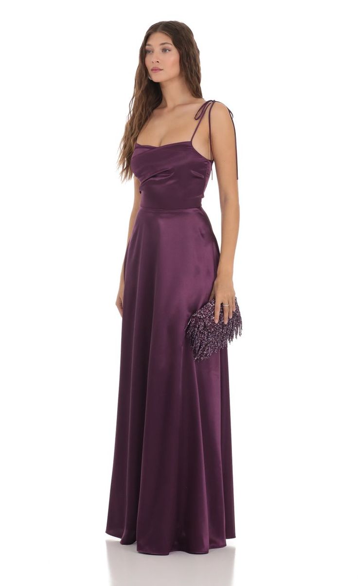 Satin Shoulder Tie Dress in Purple | LUCY IN THE SKY Angeles, Los Angeles, Purple Satin Prom Dress, Violet Prom Dresses, Dark Purple Prom Dress, 2000s Prom Dress, Summer Formal Dress, Summer Outfit Dress, Winter Ball Dresses