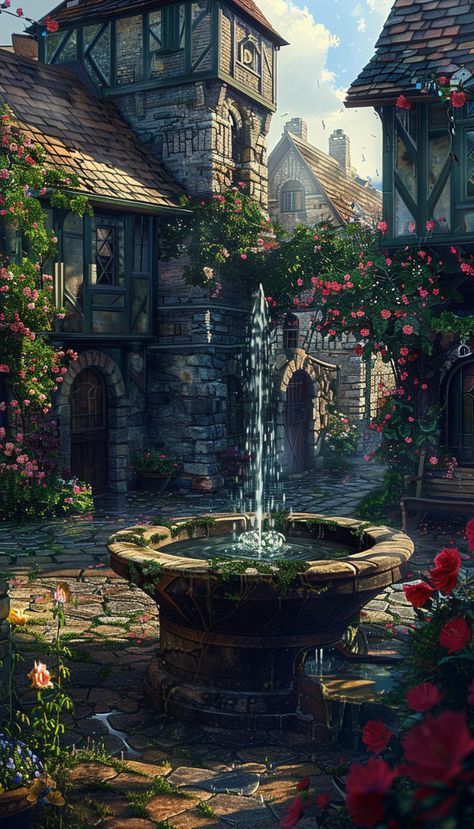 an artistic painting of a fountain in the middle of a courtyard with flowers around it