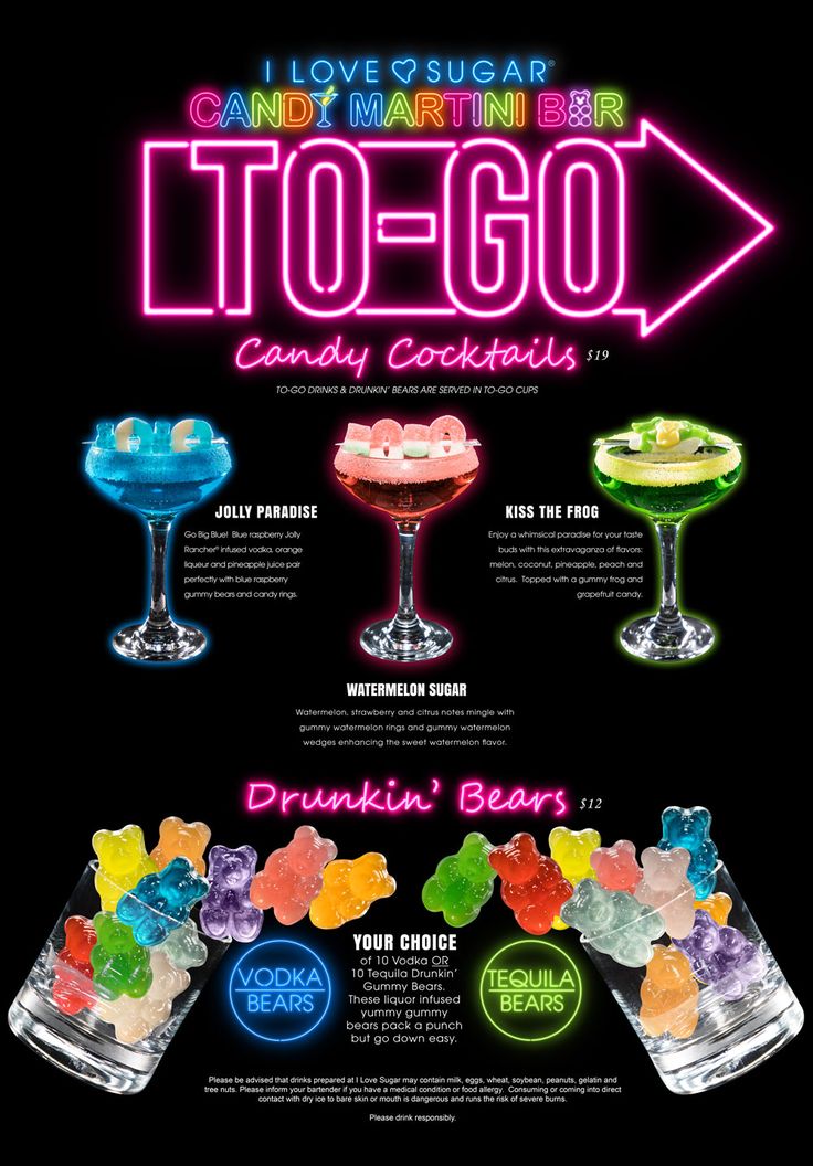 an advertisement for candy cocktails with different flavors