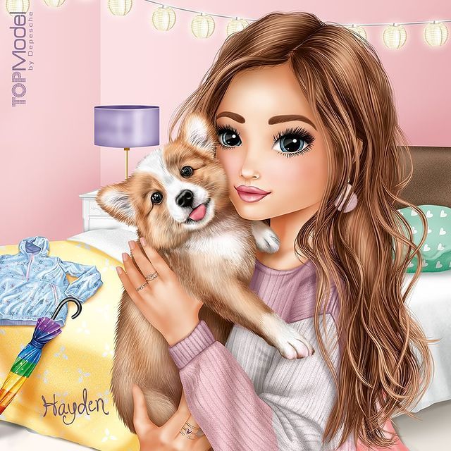 a girl holding a puppy in her arms on a bed with pink walls and lights