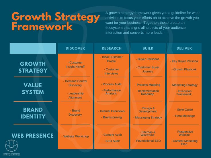 the growth strategy framework is shown in orange and blue
