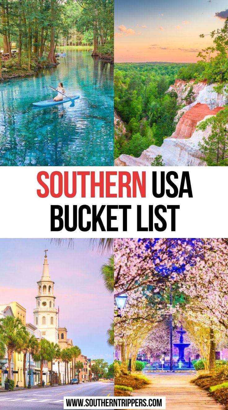 the southern usa bucket list with pictures of different places